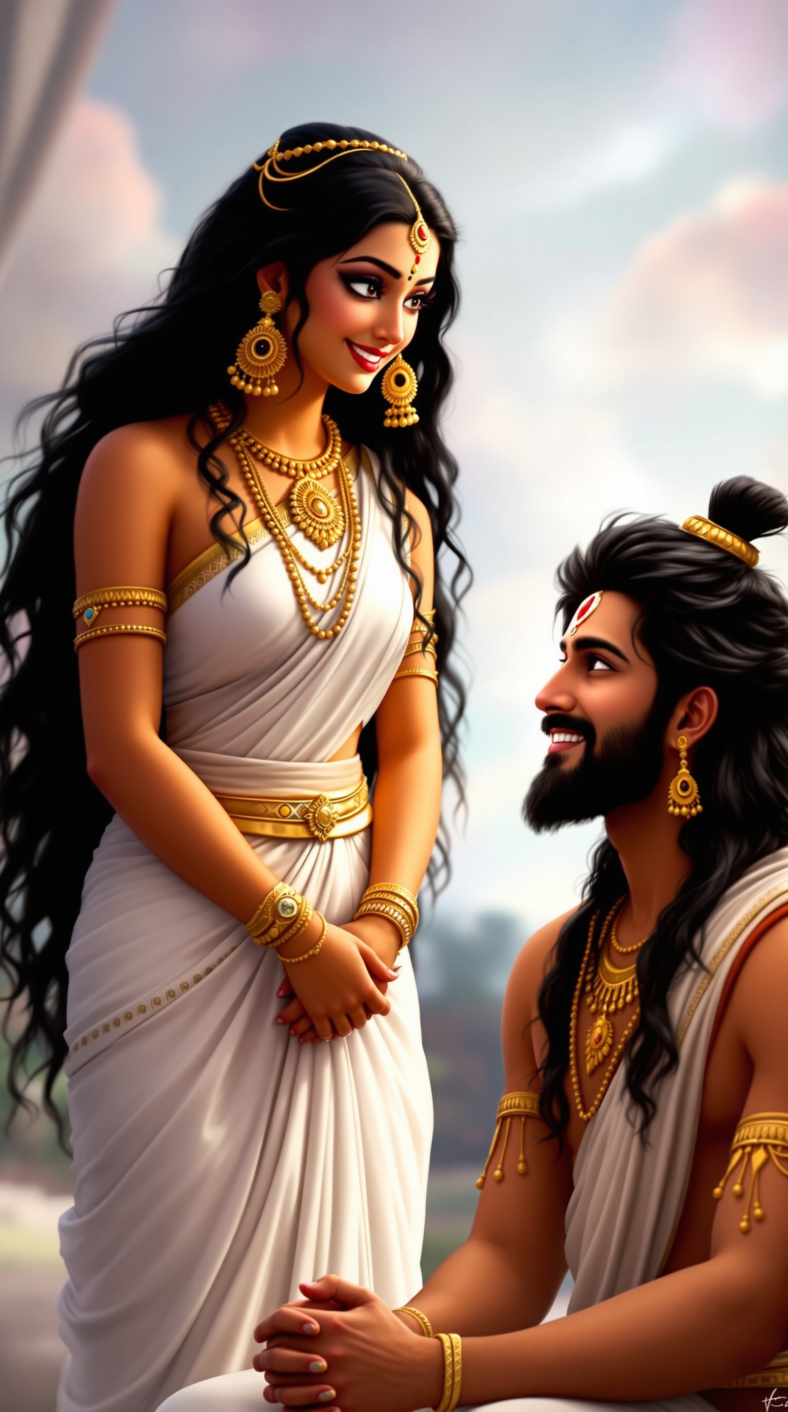 Urvashi stands before Arjuna with long black hair. Her eyes filled with love and a captivating smile. She wears a white saree and golden jewelry. Arjuna sits quietly, folding his hands with a light smile and restraint.