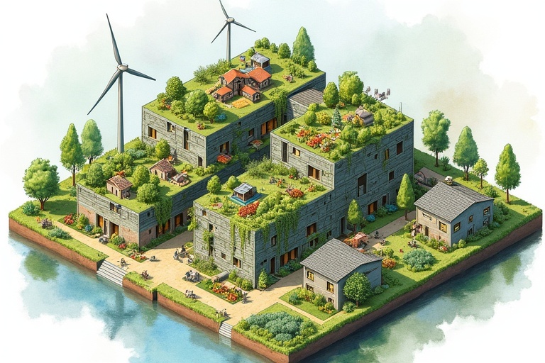 Isometric illustration of a sustainable city combined with nature. Features wind turbines and solar panels. Depicts vertical farms and a circular food system with livestock. Displays greenhouses and natural water filtration systems. Showcases diverse housing styles. Renders in watercolor style with Dutch text labels. Lush green-covered buildings illustrate harmony between architecture and nature.