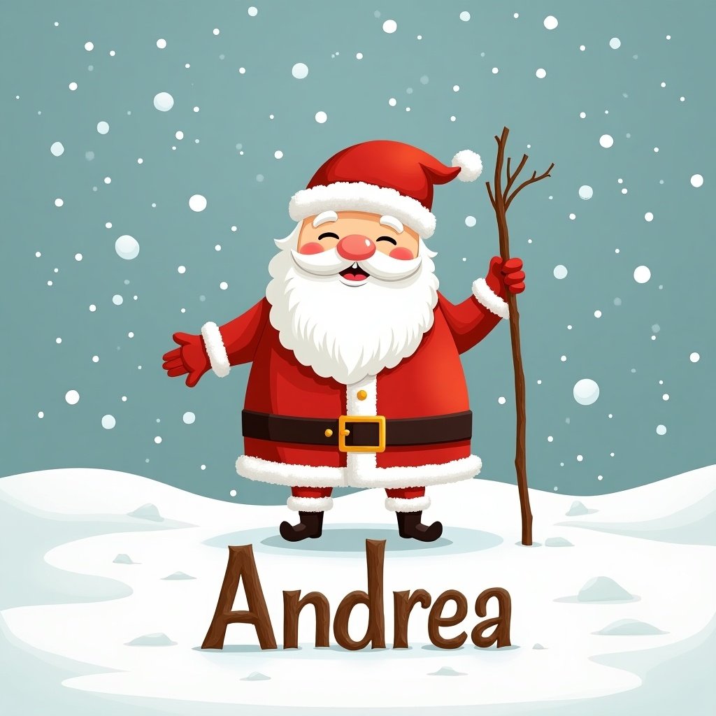 Image of a silly Santa character in snowy landscape holding a stick. Background has gentle snowfall. Name Andrea is spelled out using sticks. Scene evokes joy and holiday spirit. Santa has a cheerful expression, adding warmth.