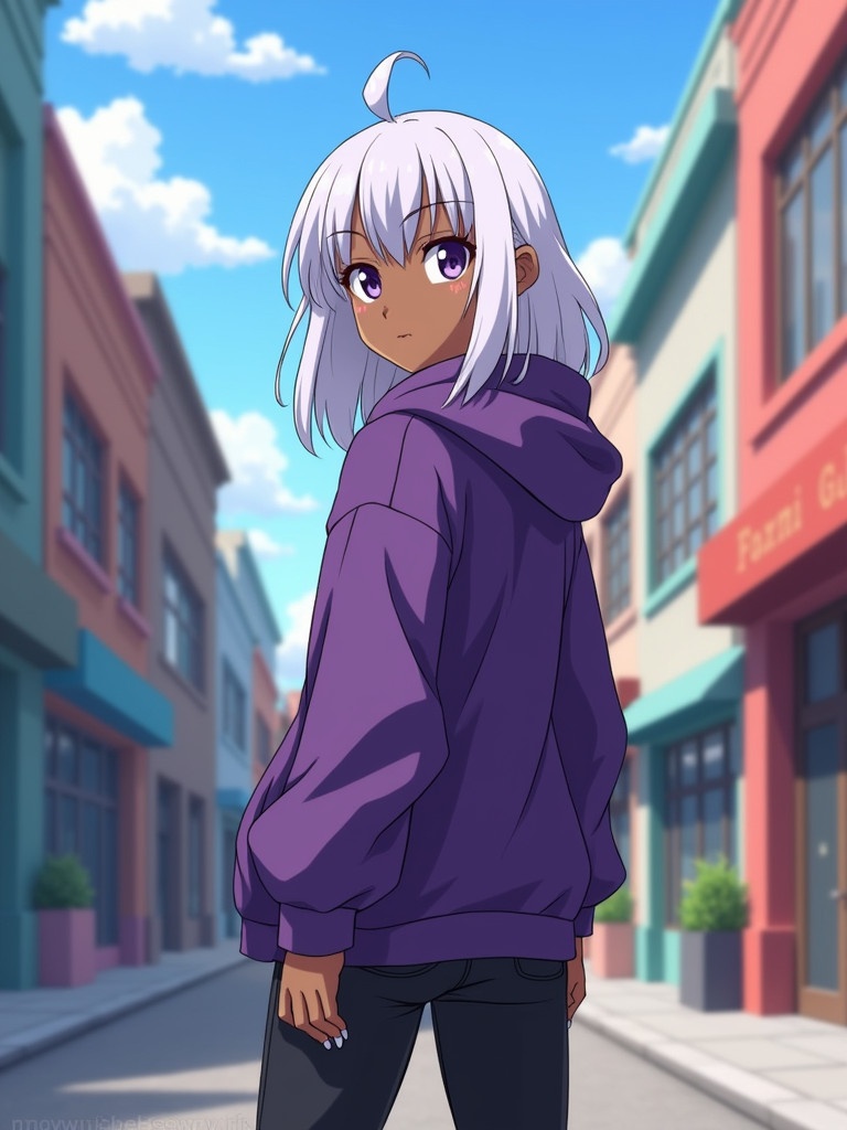 Character with purple and white hair stands in a colorful urban street wearing a purple hoodie under bright daylight.