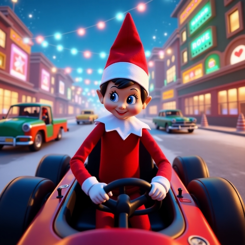 Elf character driving a race car. Colorful animated street with holiday decorations. Festive atmosphere during nighttime.