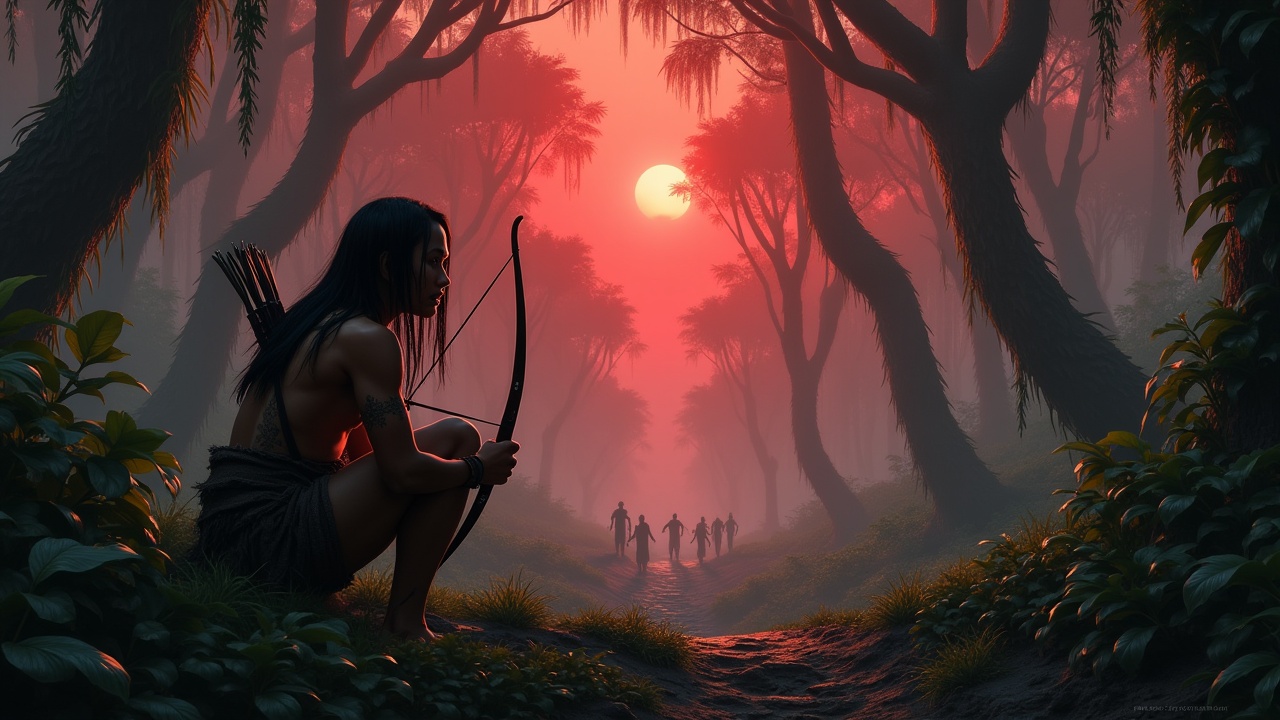 A dense jungle stretches endlessly under a crimson dawn, with mist hovering over treetops. A young warrior crouches in the foreground with a bow in hand, covered in tribal paint and scars. His expression reflects tension, and long dark hair cascades over his shoulders. In the background, tall ancient trees with hanging vines set the scene, while distant figures chanting are barely visible through the foliage. The atmosphere is ominous, illuminated by the soft red hue of the rising sun.