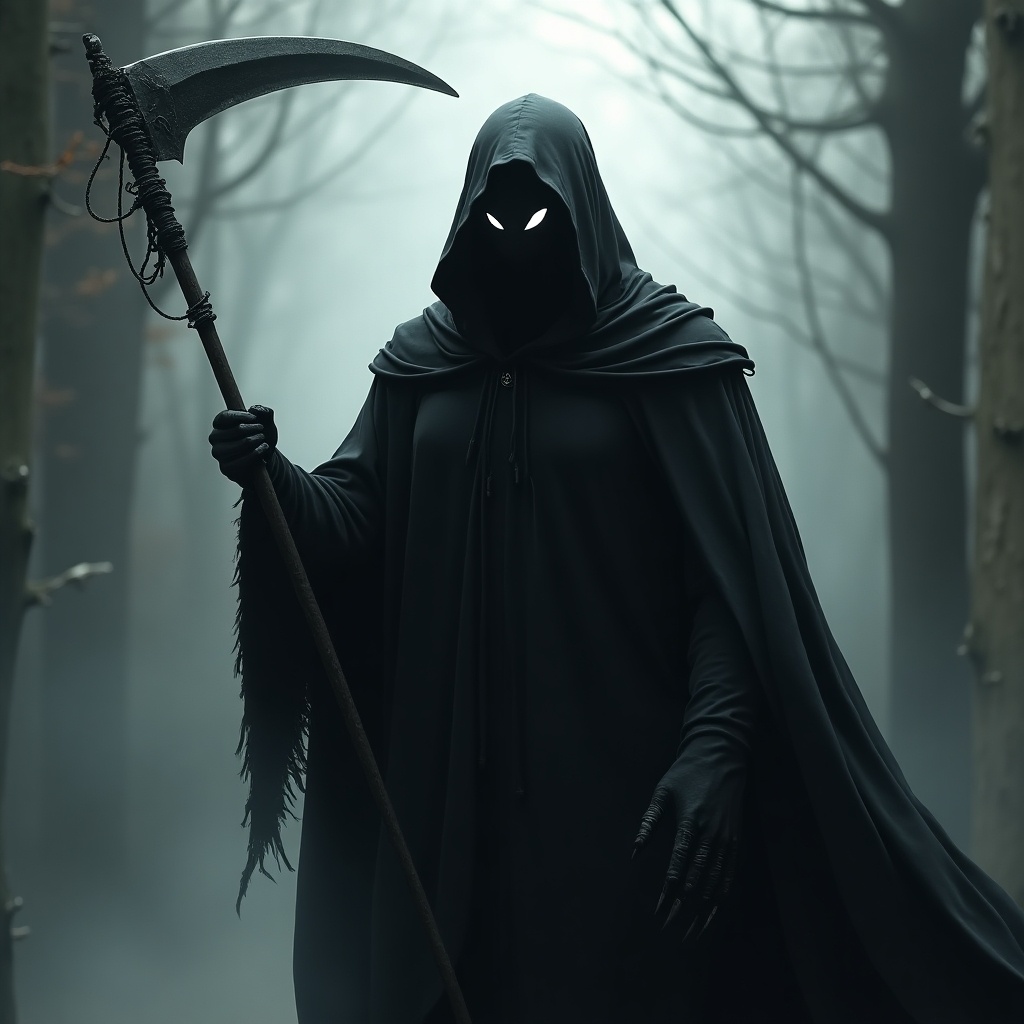 A shadowy figure with white eyes stands in a foggy forest. The entity wields a scythe and has claw-like hands, dressed in a dark hooded cloak.