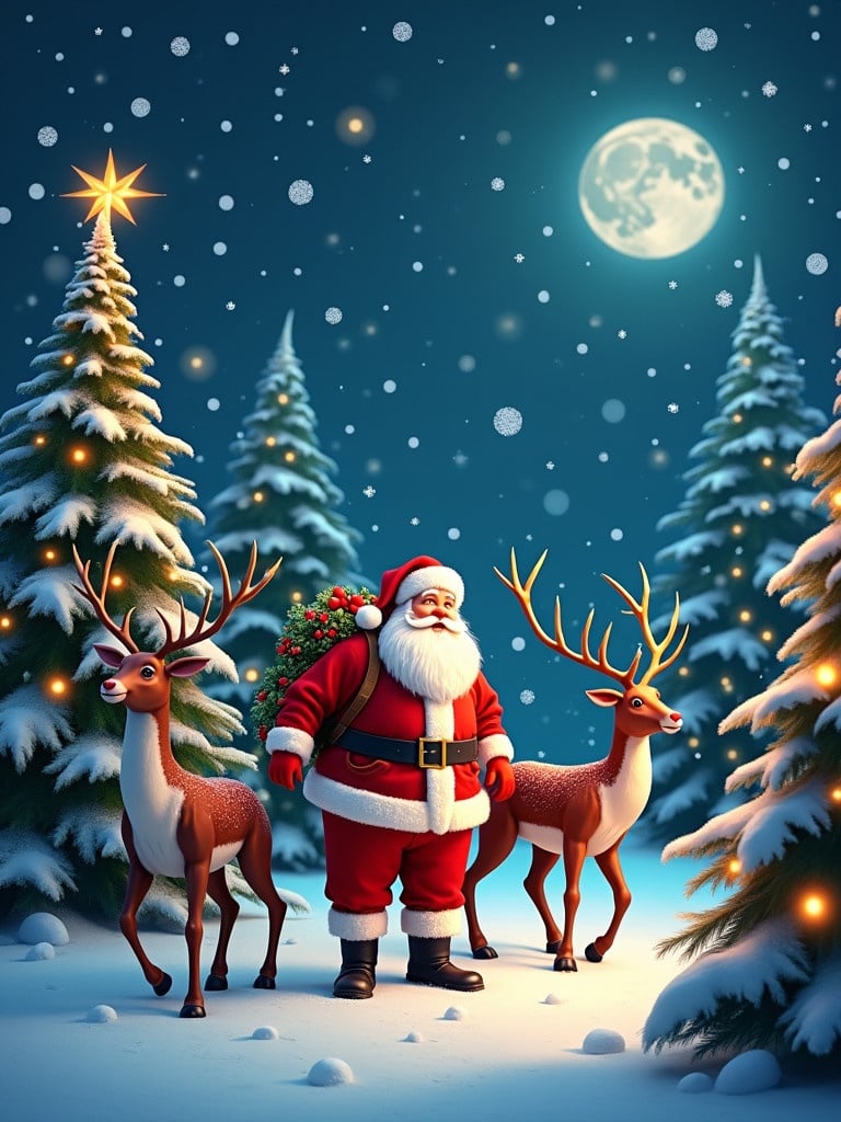 Christmas greeting card design features Santa Claus with reindeer beside Christmas trees in snow. Warm lighting shines on the festive decorations. Night scene filled with snowflakes and a glowing moon. The design includes text in the middle.