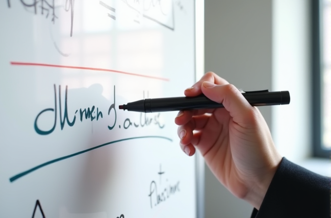 A person is writing on a whiteboard with a black marker.