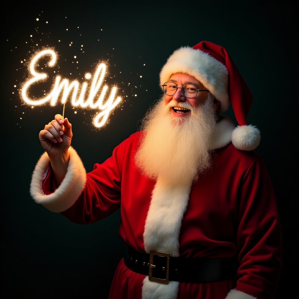 Image features Santa Claus in red and white suit holding a glow stick creating the name 'Emily'. Santa's expression is joyful. Dark background enhances glow of the text. Scene captures magic of Christmas.