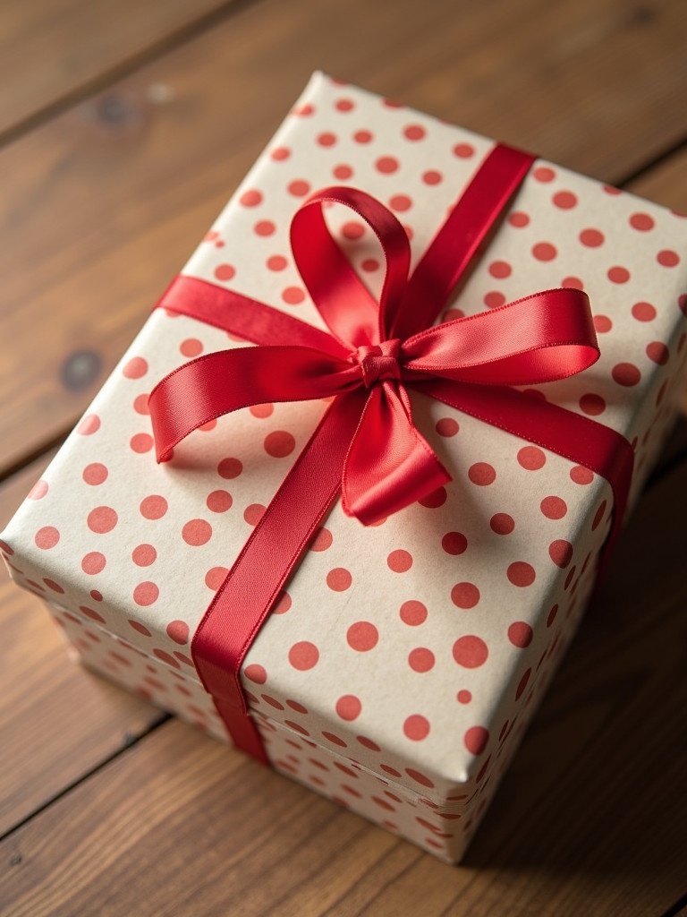 A gift box wrapped in polka dot paper and a red ribbon sits on a wooden surface.