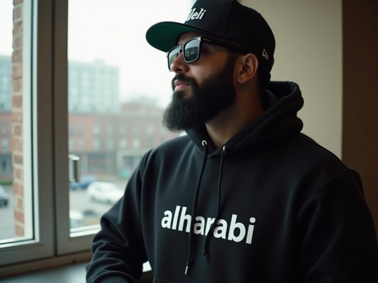 A man with a well-groomed black beard wearing sunglasses and a stylish rap hat stands near a window, observing the view outside. He is dressed in a black hoodie with the word 'alharabi' printed on it. The soft, natural light from the window gently illuminates his face, enhancing his thoughtful expression. The scene conveys a casual yet fashionable vibe, suited for urban lifestyle content. The setting appears to be an indoor space, with a hint of a cityscape visible through the glass.