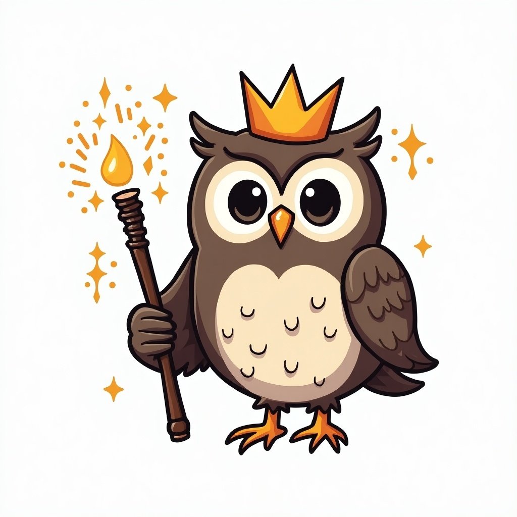 Cartoon owl wearing a crown holding a magic wand with sparkles around. Suitable for kids themes and illustrations.