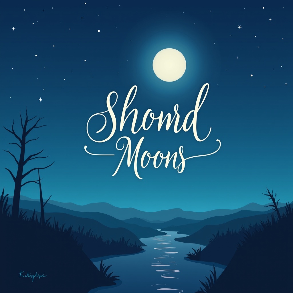 The image presents a serene night scene. A full moon illuminates the landscape against a tranquil blue sky. The river gently flows through the scene, reflecting the moonlight. Silhouetted hills create a calming backdrop. Calligraphic text adds a touch of elegance to the composition.