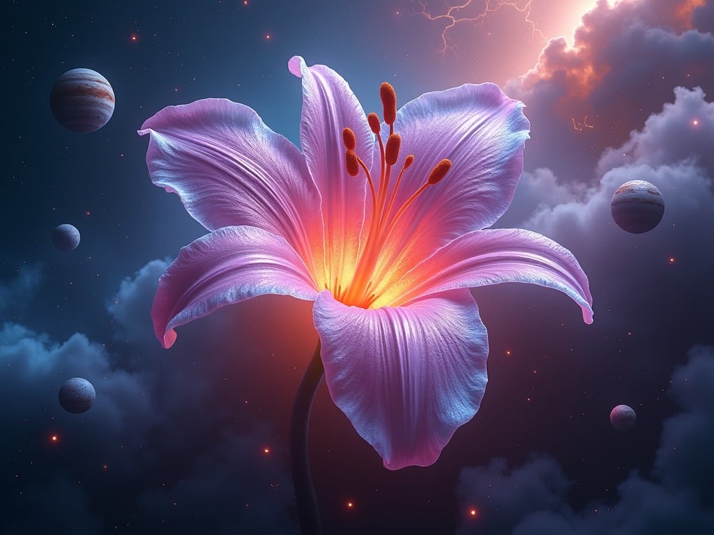 This image features a beautifully rendered flower that appears to glow with vibrant colors. The petals are purple, pink, and orange, creating a stunning gradient. Surrounding the flower are celestial elements like planets and a cosmic backdrop. Lightning illuminates the dark sky, adding an element of drama. This artwork blends nature with a cosmic theme, enhancing its visual impact.