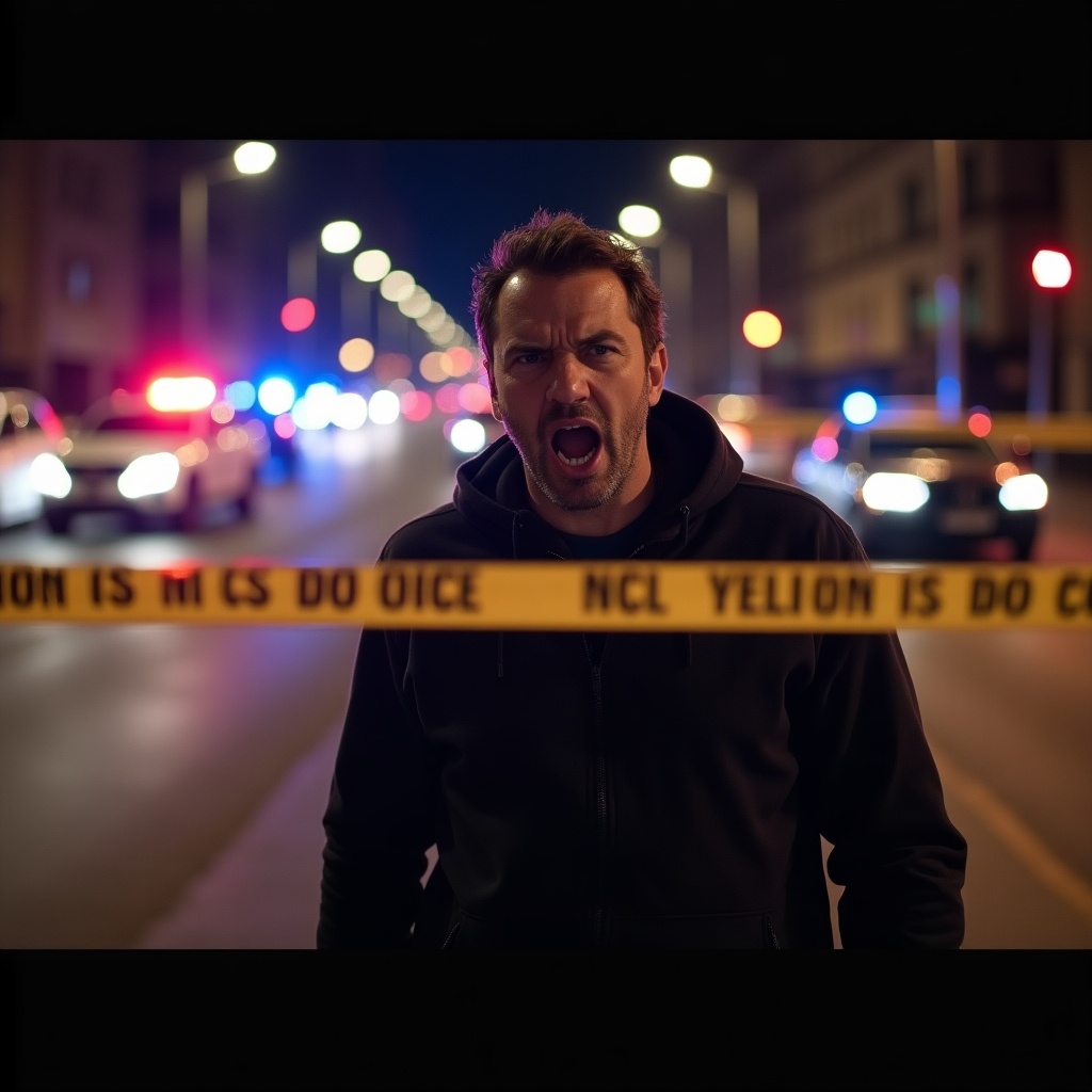 A man stands behind police tape on a dimly lit street at night. He looks angry and is shouting. Police lights and cars are blurred in the background, creating chaos.