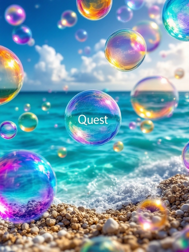 Create a vibrant image of colorful bubbles above the turquoise Caribbean Sea. One bubble should prominently display the word 'Quest' inside. The bubbles vary in size and color, reflecting sunlight. The serene ocean backdrop enhances their vividness, creating an enchanting scene.