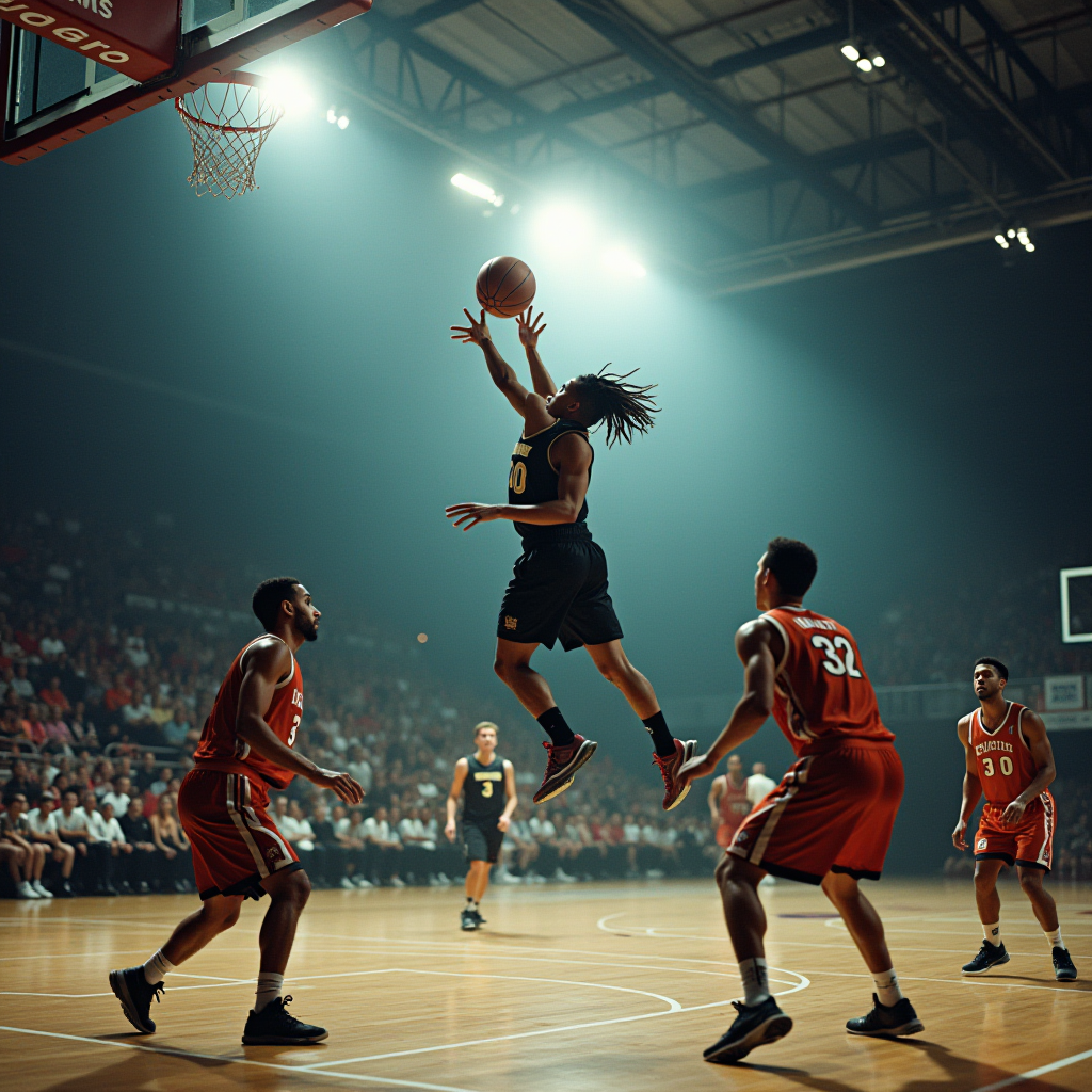 A basketball player in mid-air executing a layup during a thrilling game.