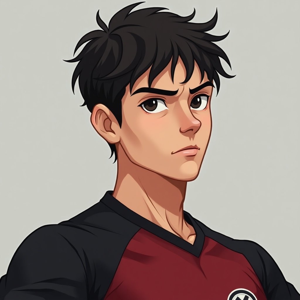 Digital portrait of a young male soccer player. Character has short dark hair and a serious expression. Wearing a black AND DARK RED SHIRT.