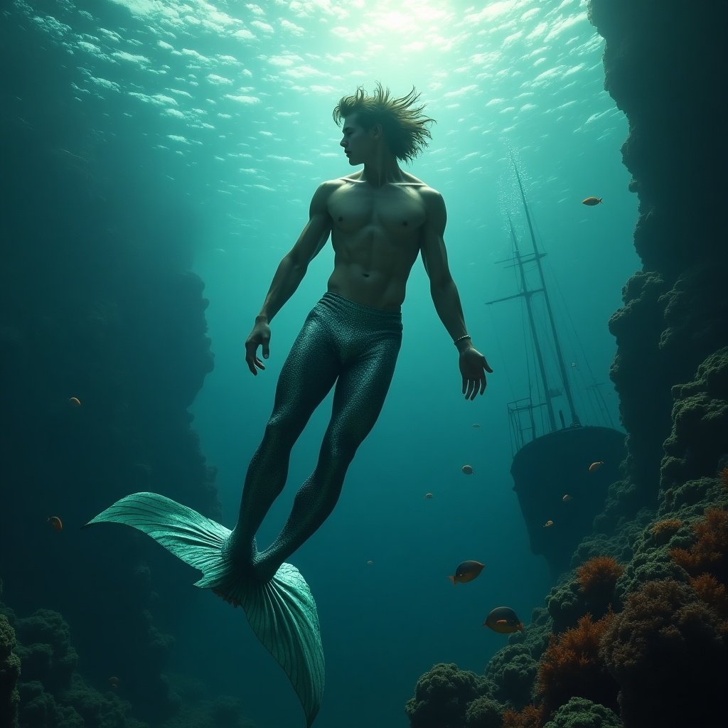 A male mermaid swims elegantly in clear blue ocean water. His muscular build and flowing fins create a captivating image. Sunlight filters through the surface, illuminating the scene.