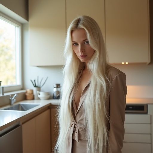 Tall European woman stands in a modern kitchen. Woman has very long white hair reaching her knees. Pale white skin enhances her beauty. The kitchen has a minimalistic design with warm tones.