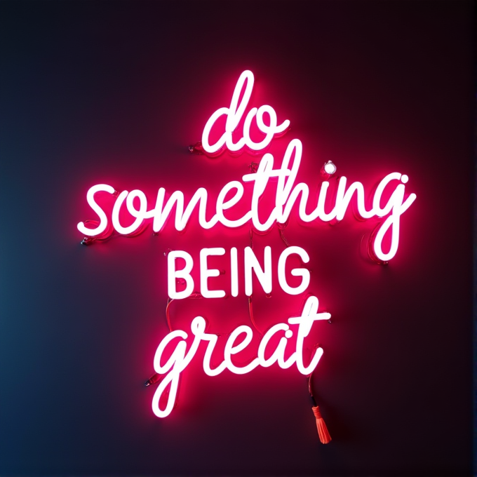 A neon sign with the motivational message 'do something great' in pink light on a dark wall.