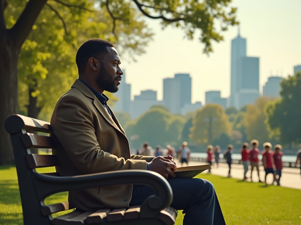 A man is sitting on a park bench, enjoying the tranquility of a green urban park. He is thoughtfully gazing at the distant city skyline, which contrasts with the natural surroundings. The trees around him are lush and vibrant, indicating a sunny day. The scene captures a moment of peaceful contemplation amidst the hustle and bustle of city life. People can be seen strolling in the background, adding to the lively atmosphere of the park.