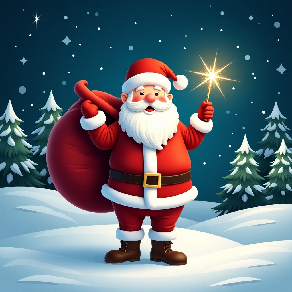 Cheerful Santa Claus standing in snowy landscape with a large red sack. Santa holds a sparkly wand. Dressed in traditional red and white outfit. Background features night sky illuminated with stars and pine trees. Creates a festive winter atmosphere.