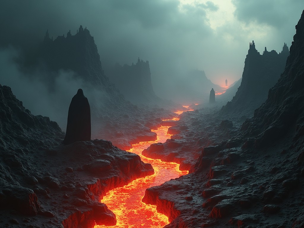 The image portrays a haunting landscape resembling Hell, characterized by a flowing river of lava cutting through rugged terrain. Dark mountains loom ominously in the distance, shrouded in smoke and mist, adding to the unsettling atmosphere. Figures in dark cloaks stand on either side of the lava, adding a sense of mystery and foreboding to the scene. The color palette consists mainly of deep grays, blacks, and vibrant reds from the lava, creating a stark contrast that enhances the drama. This eerie setting evokes feelings of fear and intrigue, perfect for themes of adventure and the supernatural.