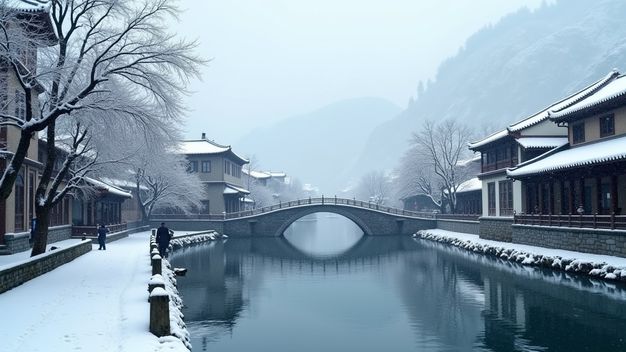 This image depicts a serene snowy scene in a Jiangnan water town. The landscape features a small bridge arching over a gently flowing canal, surrounded by traditional architecture. A thin layer of snow blankets the roofs and path, creating a peaceful atmosphere. In the background, distant mountains are faintly visible, shrouded in a soft mist. The lighting is soft and diffused, enhancing the tranquil mood of the winter setting.