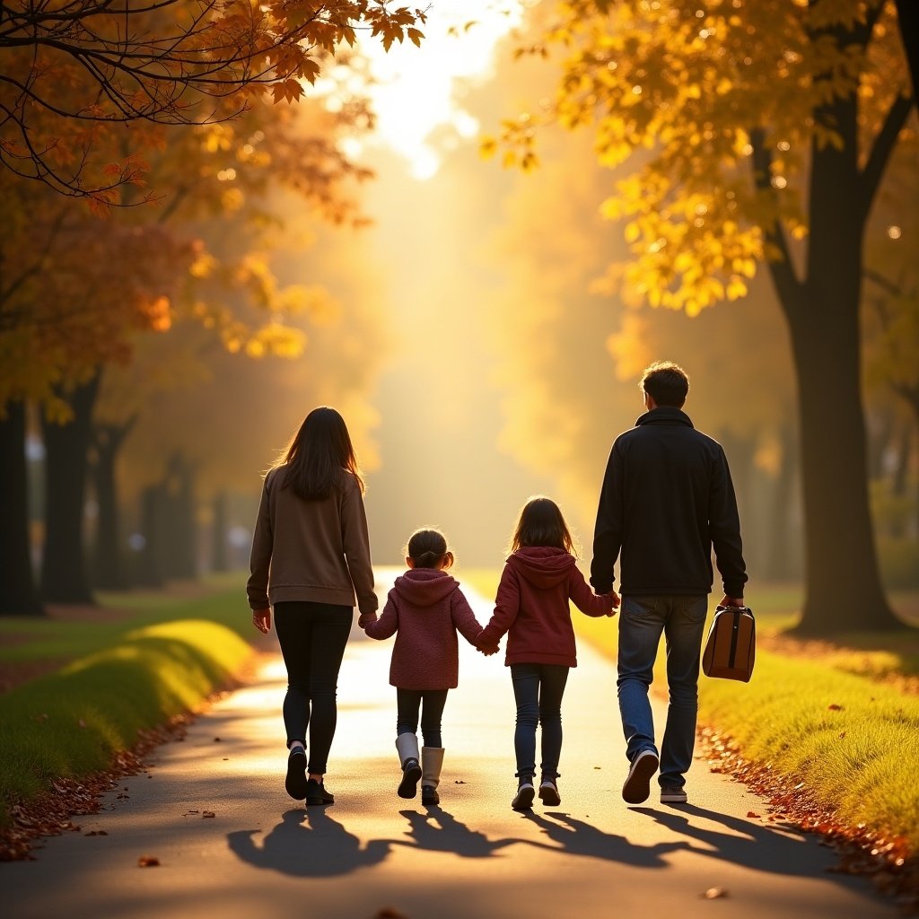 Family of four walks hand in hand down sunlit tree-lined path in autumn