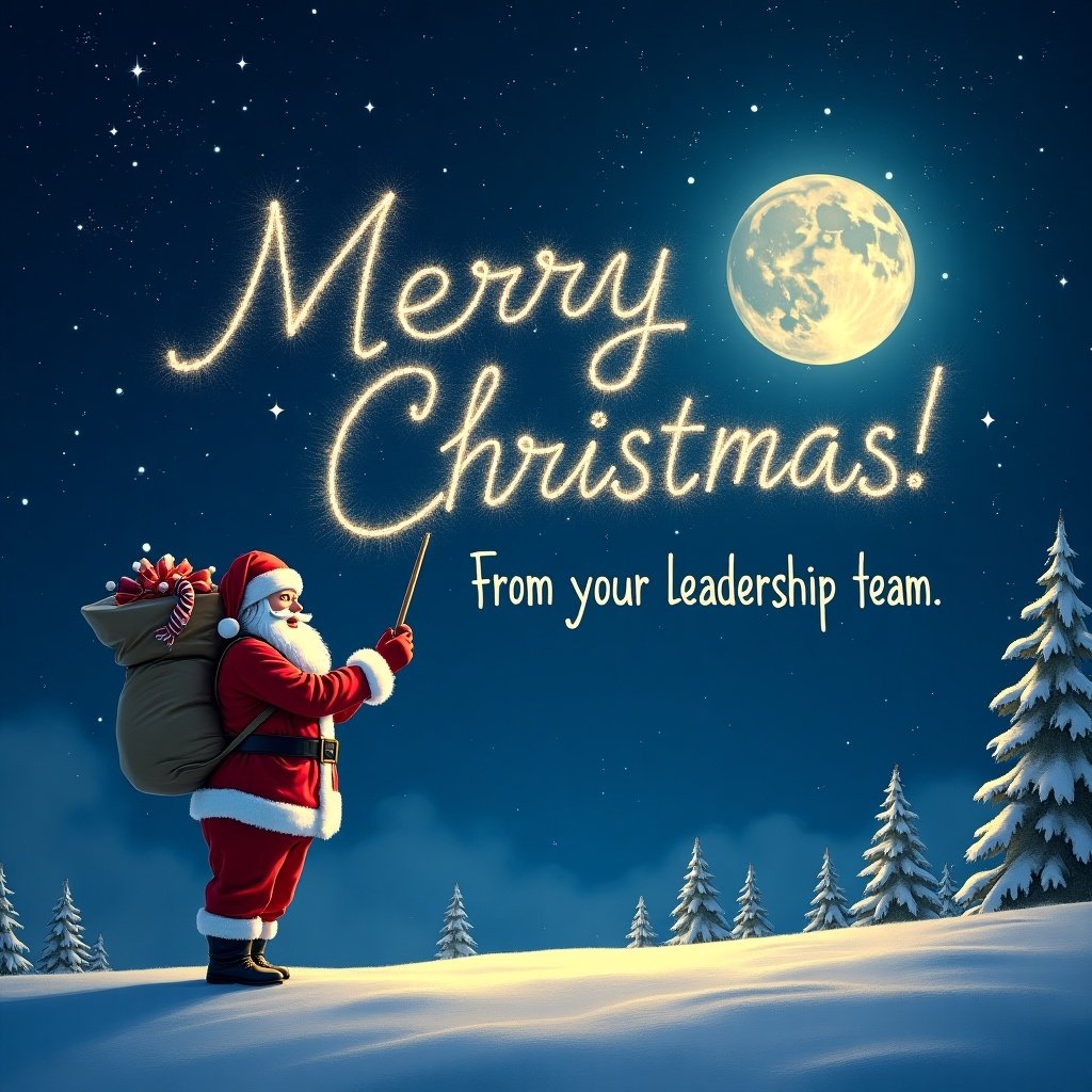 Santa Claus in winter landscape writing a greeting in the sky with a magical wand. Message says Merry Christmas from your leadership team.