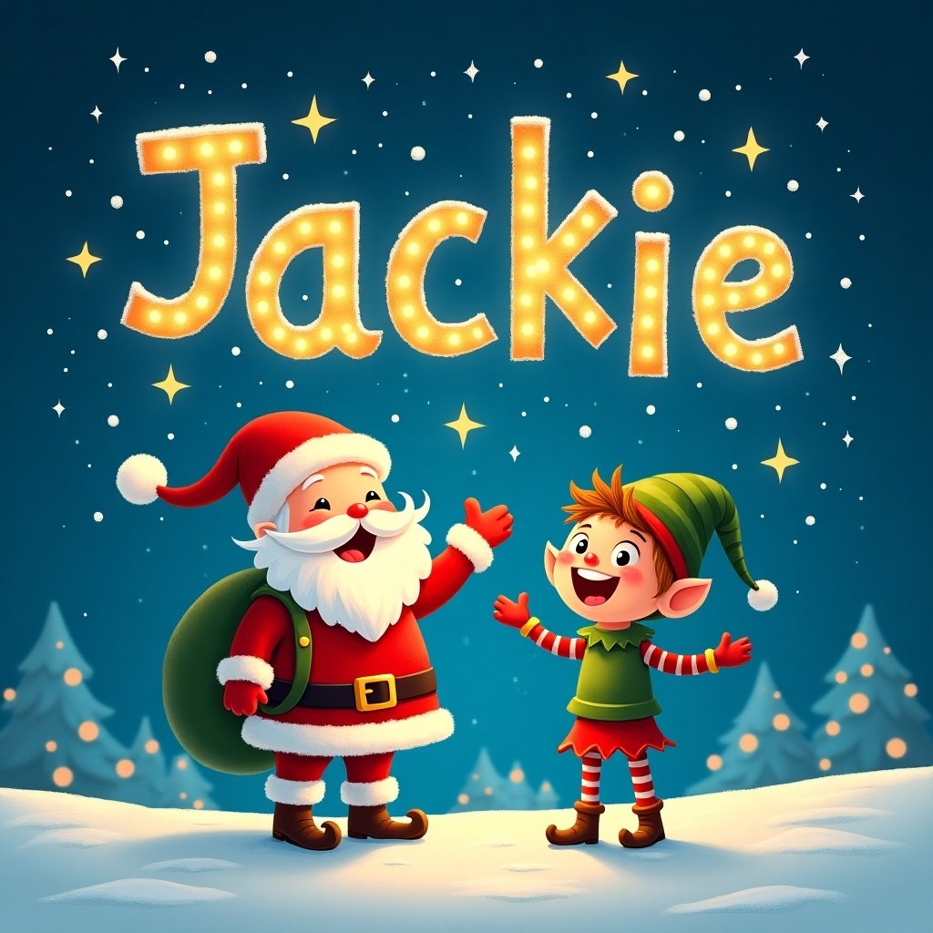 The image portrays a joyful scene with Santa Claus and a cheerful elf. They are standing on a snowy landscape under a starry sky. The elf is excitedly pointing to the name 'Jackie' written in glowing lights above them. The colors are vibrant and festive, primarily featuring red and green. The overall mood is warm and inviting, perfect for the holiday season.