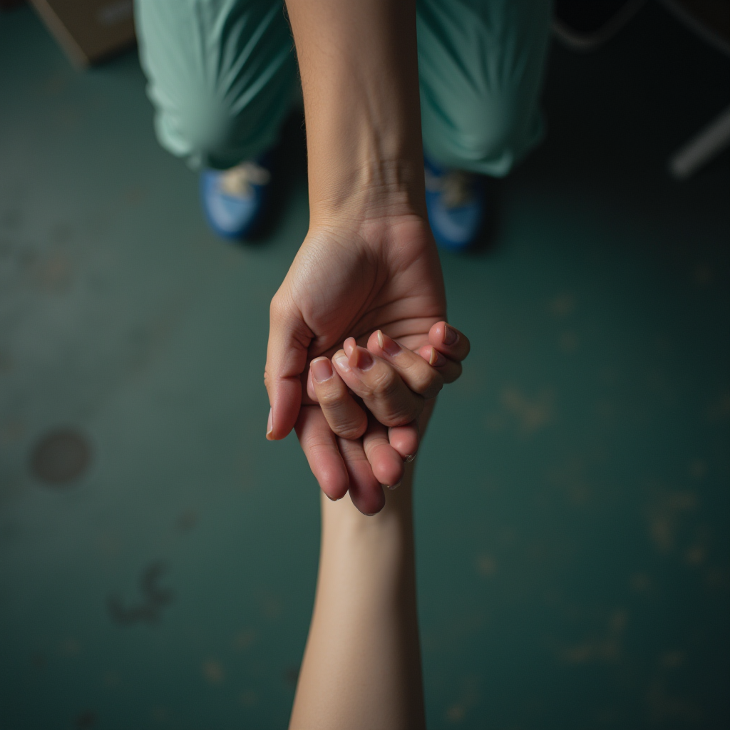 A close-up of two hands clasped together against a blurred background, suggesting a comforting or supportive gesture.