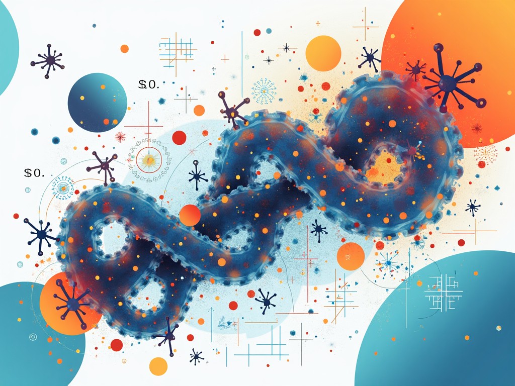 This image presents an abstract illustration themed around UniProt, featuring a stylized, twisted structure representing proteins or pathogens. Vivid colors of blue and orange create a vibrant background, composed of circles and scientific symbols. The overall design combines art with scientific elements, making it useful for educational or research purposes. The depiction creatively abstracts the complexities of protein structures, emphasizing the importance of databases like UniProt in biology. This modern artistic take can be beneficial for both educational and publication contexts.