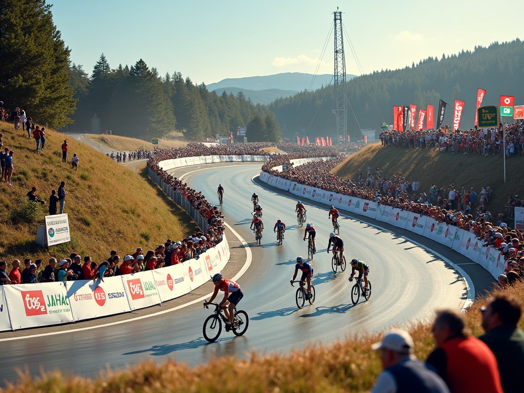 The image depicts a thrilling moment from a closed cycling championship, featuring multiple cyclists navigating through a series of sharp curves. The course is lined with colorful advertising banners, enhancing the dynamic feel of the event. A large crowd of spectators can be seen cheering from the sidelines, creating an electrifying atmosphere. The surrounding scenery includes rolling hills and a clear blue sky. The cyclists are in various positions, showcasing their skills and competitiveness in this high-stakes race.