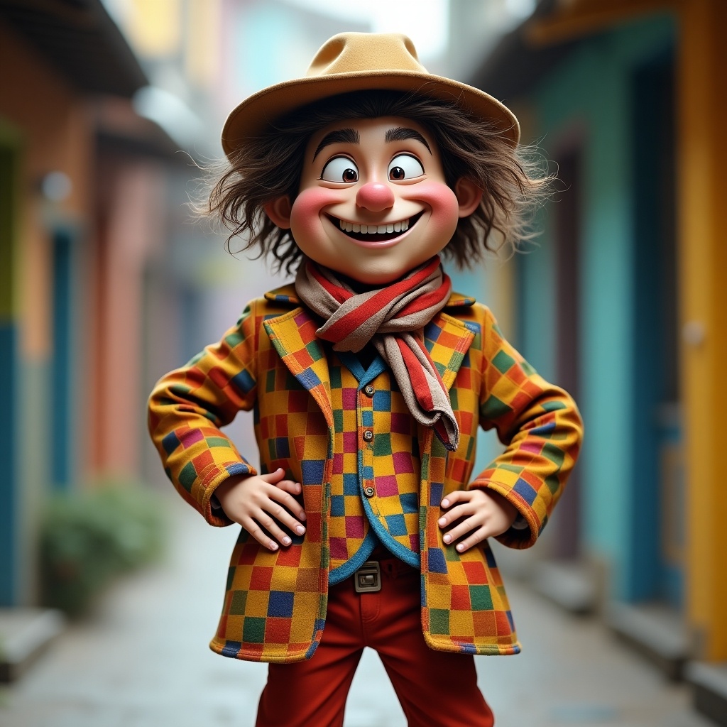 Full-body portrait of a quirky character with a big smile. Dressed in colorful attire, messy hair under a floppy hat. Checkered jacket with vibrant colors, loosely tied scarf. Stands confidently with exaggerated pose, showcasing playful personality. Background slightly blurred, emphasizing character's lively expression and unique style.