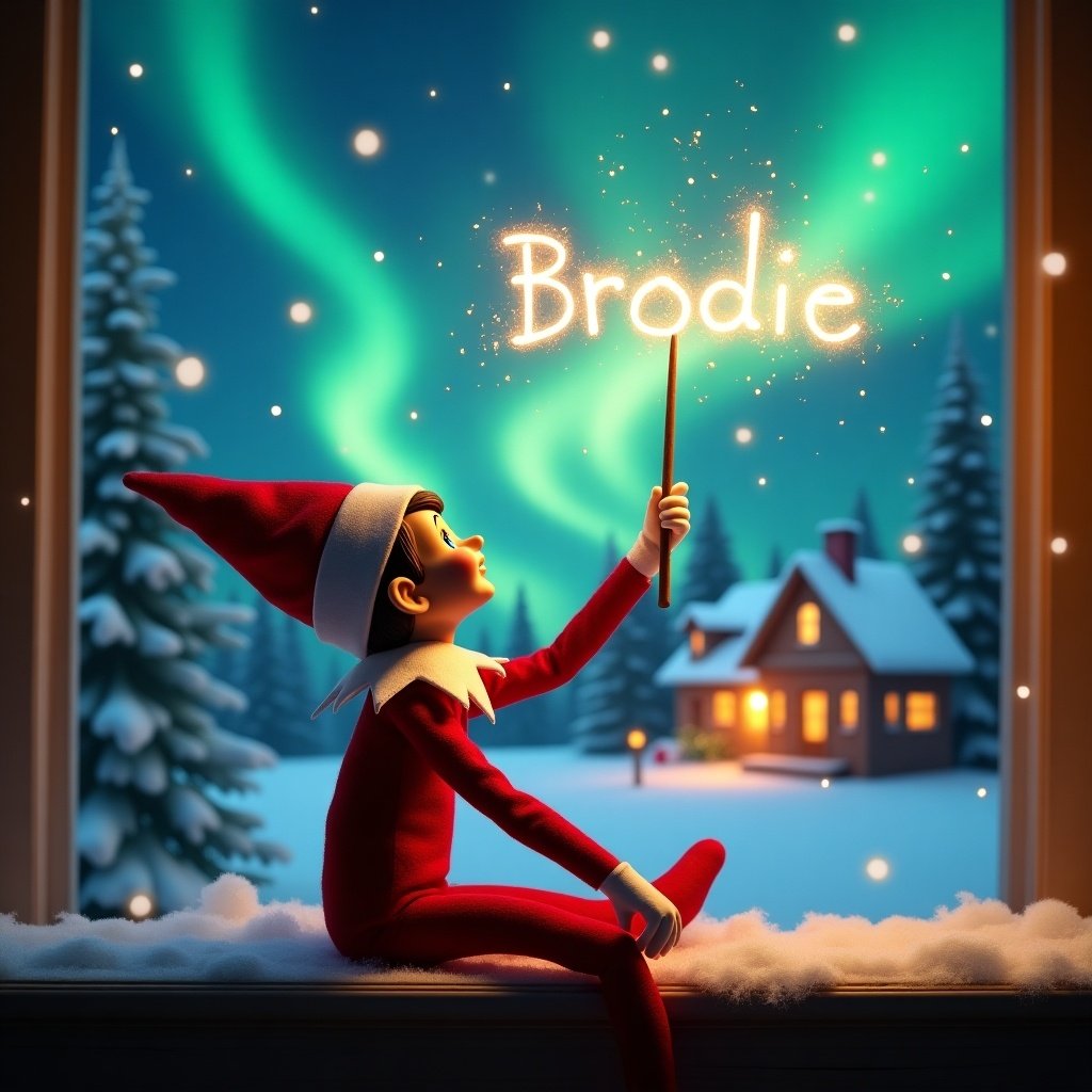 An elf on the shelf sits with its back to the viewer, gazing skyward. It holds a glowing wand that emits sparkling light, creating a joyful atmosphere. The background showcases a charming Christmas scene with colorful northern lights swirling above. In the distance, a cozy house decorated for the holidays can be seen. Snow covers the ground, adding to the winter charm. The elf embodies the spirit of magic and wonder associated with Christmas, with the name 'Brodie' written in the air using the wand.