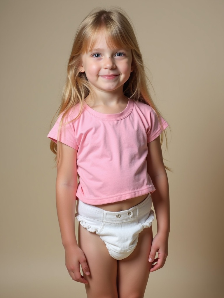 Seven year old girl wearing a pink t-shirt and diaper. Long blond hair falls over her shoulders. The background is a soft beige color.