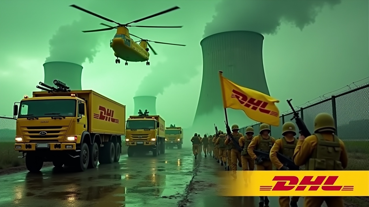 In a dramatic scene, yellow armored trucks with cannons approach a fence. Soldiers in yellow uniforms march with rifles, one holding a large DHL flag. The background features glowing green smokestacks of a nuclear power plant. Above, a Chinook helicopter adds intensity to the threat. The DHL logo is prominent at the bottom. This image conveys a fusion of military and logistics themes, highlighting delivery power.