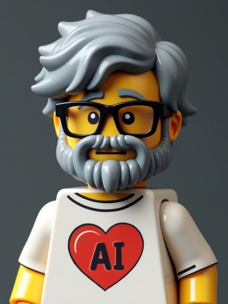 LEGO-style avatar of a man with fluffy gray hair and glasses. He wears a white t-shirt with a heart and the text I love AI.