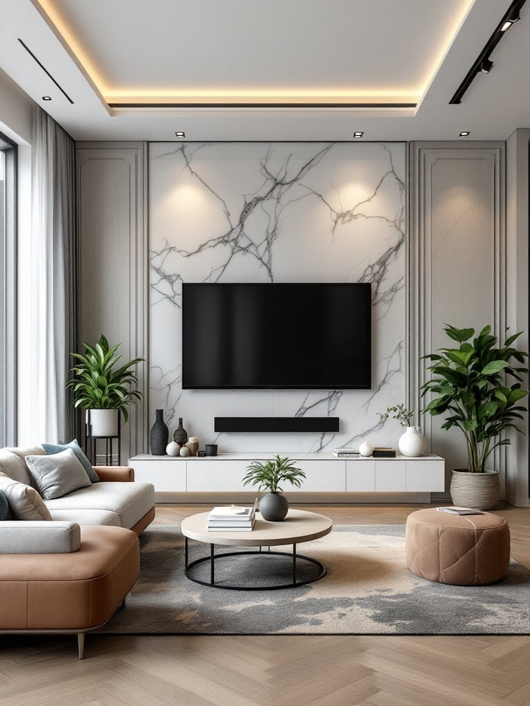 Professional living room design with modern furniture and elegant decor featuring a comfortable seating area a TV on a marble wall and warm lighting houseplants grey black and beige color scheme