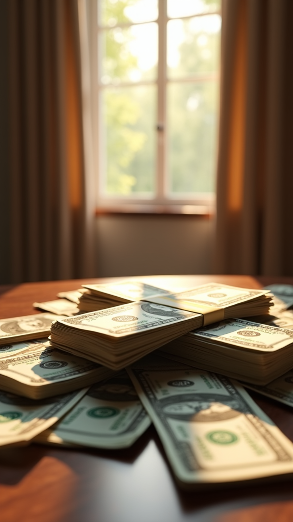 Stacks of hundred-dollar bills rest on a wooden table, with soft sunlight streaming through a window in the background.