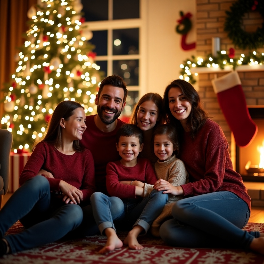 Merry Christmas family photo. Cozy living room decorated for the holidays. Family sitting together in front of a Christmas tree and fireplace. Warm atmosphere.