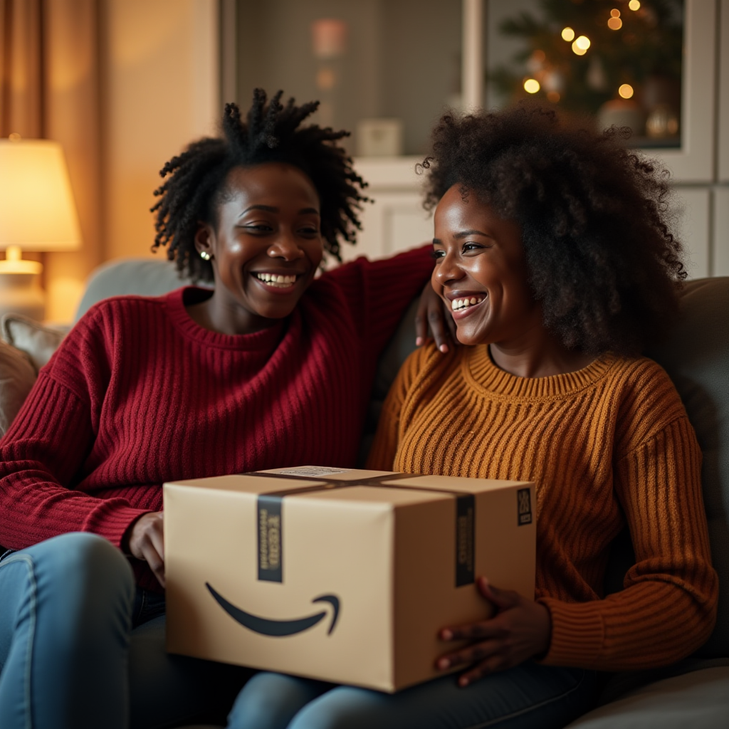 Two joyful friends sit on a couch with a package, surrounded by warm ambient lighting.