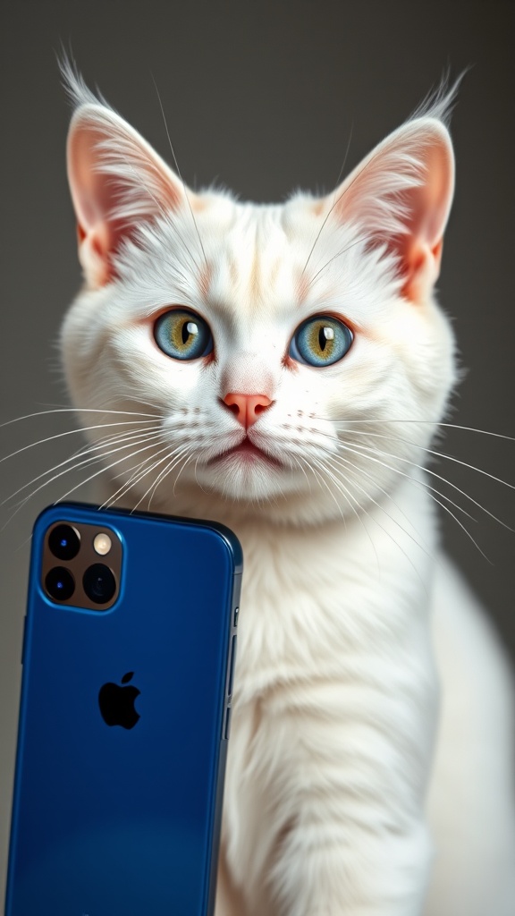 A white cat with blue eyes posing with a blue smartphone.