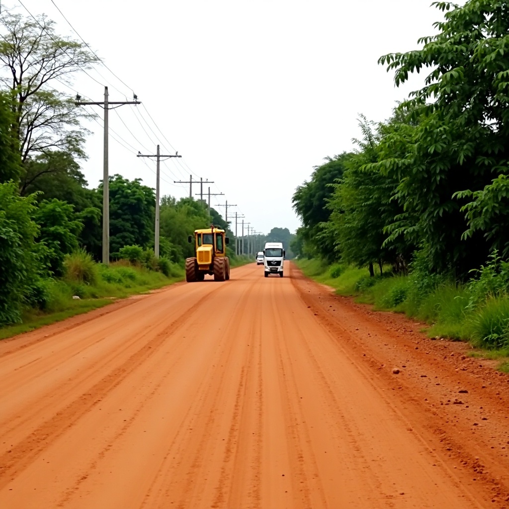 Image shows a dirt road with greenery on both sides. Yellow grader is working on the road. Environment appears rural with limited traffic. Only a couple of vehicles are in the distance. The sky is overcast suggesting rain. Ground is reddish-brown typical of dirt roads. Power lines are visible along the roadside. Scene captures quiet day of road maintenance.