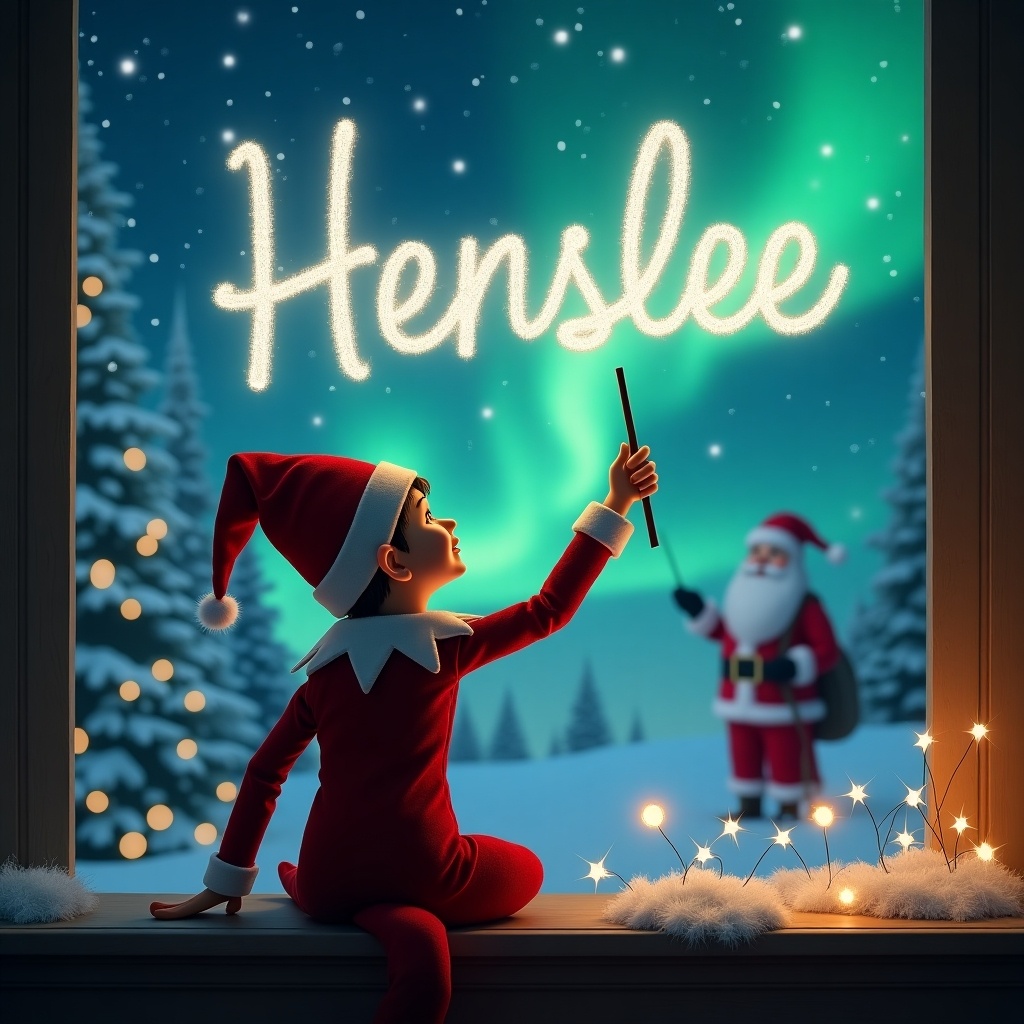 An Elf on the Shelf is seen from behind, seated and gazing at the enchanting sky. Using a sparkly wand, the elf writes the name 'Henslee' in shimmering letters against a backdrop of vibrant northern lights. In the distance, a jolly Santa Claus stands amidst a snowy forest, adding to the magical Christmas theme. The scene is illuminated with twinkling lights, capturing a whimsical holiday spirit. Soft snowfall enhances the feeling of a winter wonderland filled with joy and wonder.