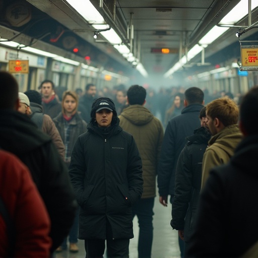 A crowded train station filled with people. The atmosphere is dense with commuters moving about. The space is characterized by dim artificial lights and a blend of different clothing styles. The focus is on the bustling environment and the dynamics of urban transit.