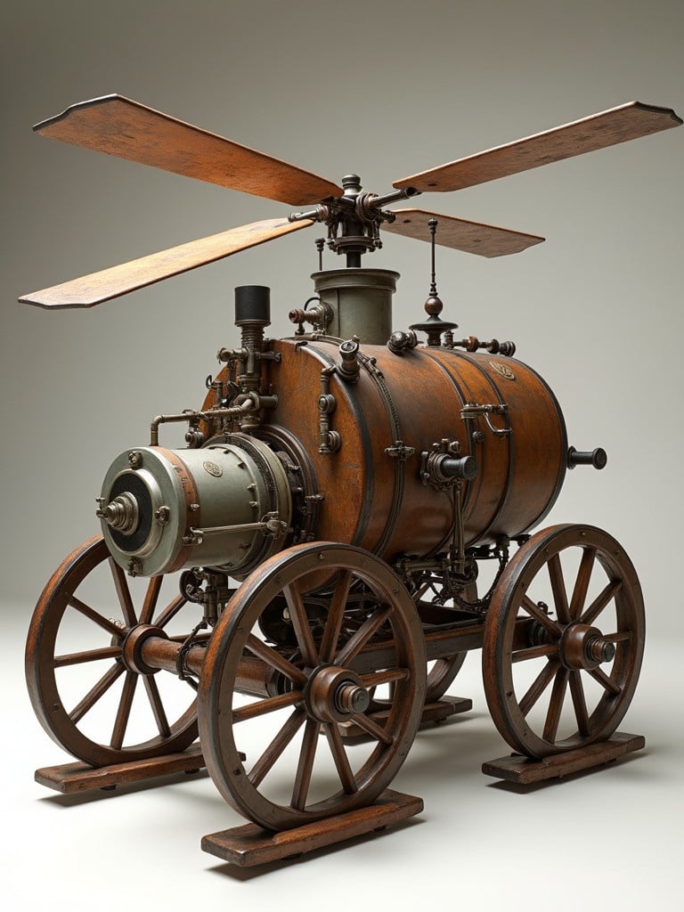 Hyper-realistic rendering of a steam boiler powered helicopter inspired by Leonardo da Vinci's designs. This unique machine integrates wood, leather, and tin materials. It features four wagon wheels acting as landing gear and is constructed around a horizontal steam boiler. The design is intricate and detailed, showcasing vintage engineering aesthetics.