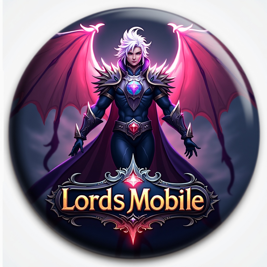 Create a badge for the game Lords Mobile. The design should feature a powerful hero character with wings, dressed in dark armor. The background should be a fantasy setting with dramatic lighting and colors. Ensure the text 'Lords Mobile' is prominently displayed. The diameter for the display area is 58mm, while the production area should be 70mm. Use a CMYK color mode for printing.