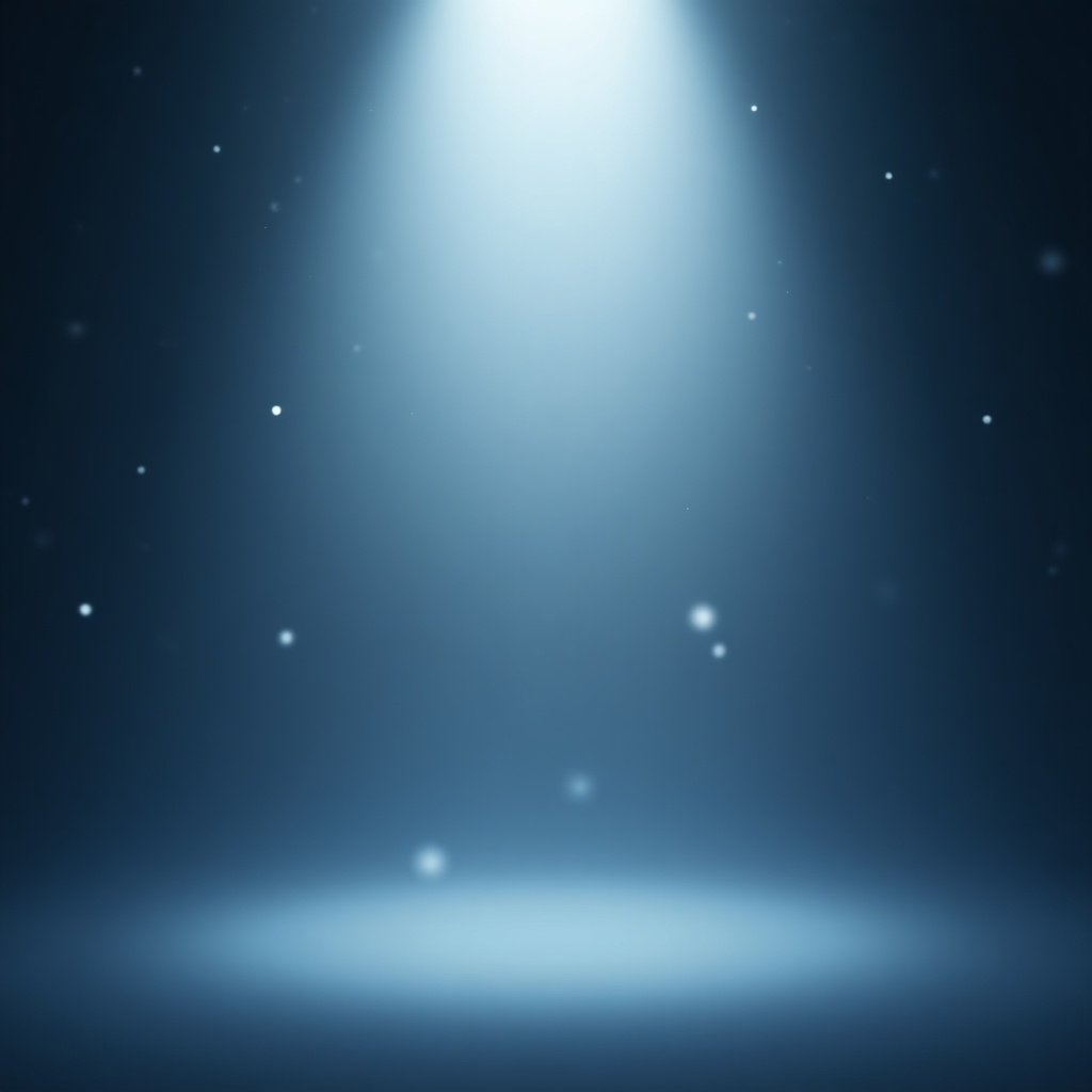 Soft gradient background transitioning from dark blue to light blue. Center illuminated by soft spotlight. Subtle glowing particles in backdrop. Suitable for digital applications.