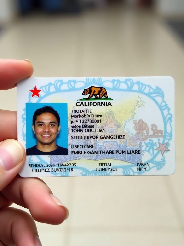 A California identification card is displayed. The card has symbols representing the state. ID contains individual details and design elements from California. It is held in a hand against a blurred background.