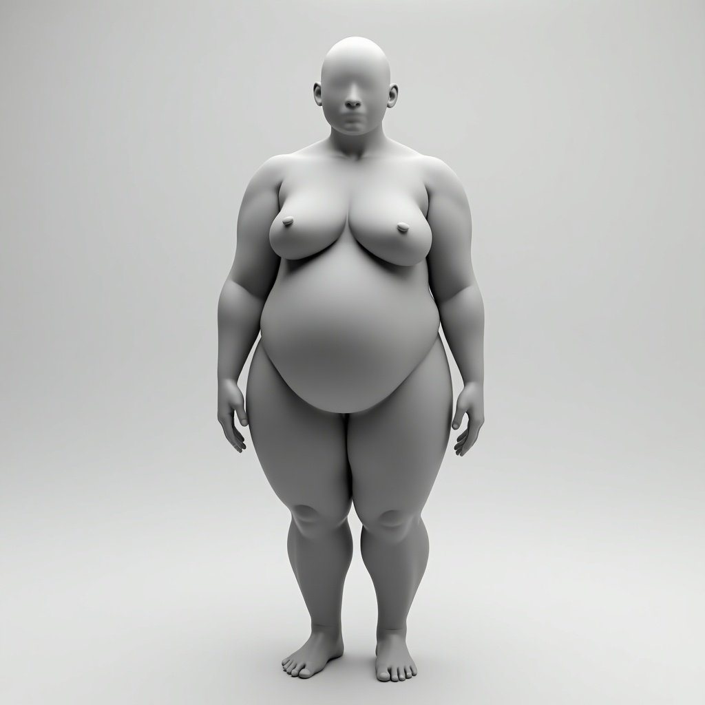 Image shows a gray stylized 3D model of a semi-obese female figure. She stands in a neutral pose. Features include defined muscles and a strong physique. Background is minimalist.